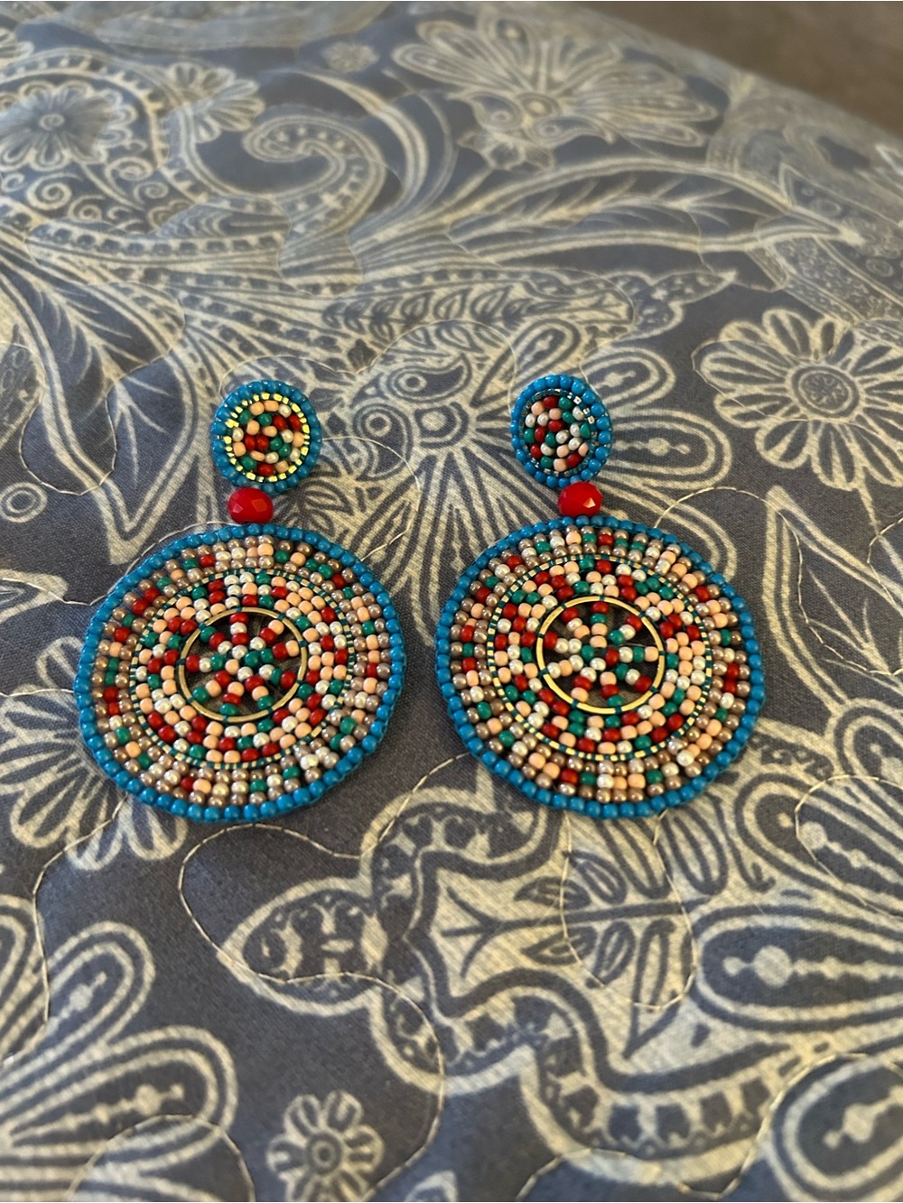 Handmade Multicolor Beaded Disc Earrings with Turquoise Edge
